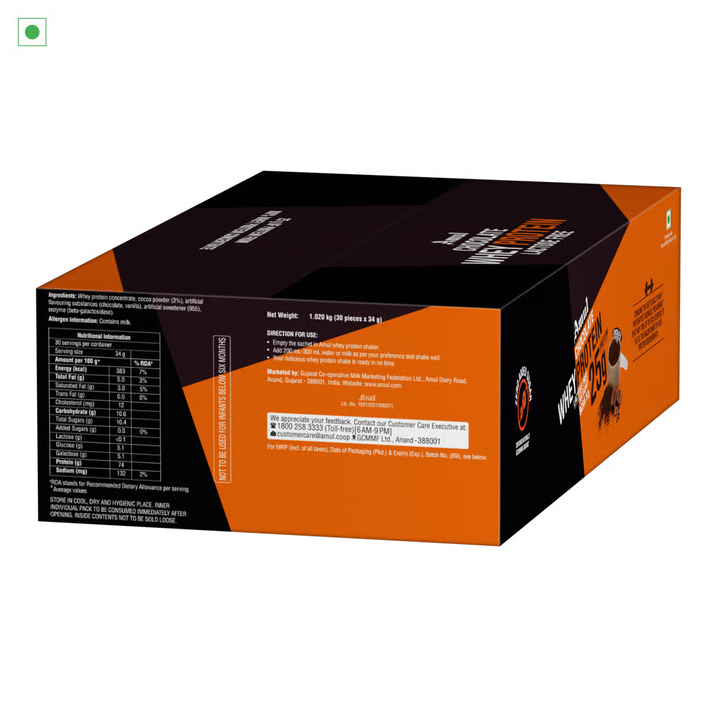 Amul Chocolate Whey Protein, 34 g | Pack of 30 sachets-1*1.02kg