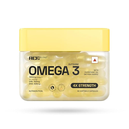 Ace Blend Outshine Omega 3 Fish Oil Capsules (60 Softgels) | 1650 Mg with 743 EPA & 528 DHA | 2 capsules for 4X Strength | No Fishy Burps | Supports Heart, Brain, Joints, Eye Health