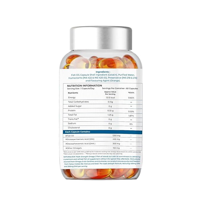 NATURALTEIN Omega-3 Fish Oil 1250mg – Triple Strength Softgels | 450mg EPA & 300mg DHA | Pack of 60 | Premium Triglyceride Form | Glyphosate-Free | Heart, Brain & Joint Support