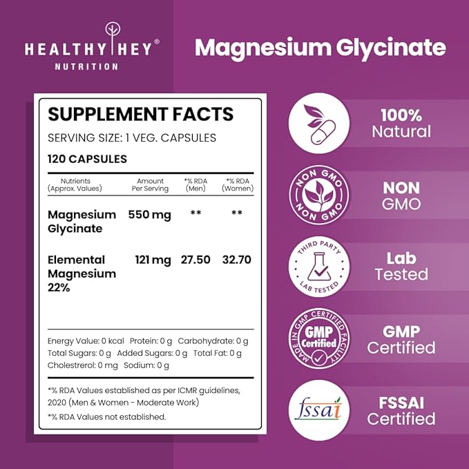 HealthyHey Magnesium Glycinate High Absorption Chelated for Sleep, Cramps, & Nerves Health 120 Vegetable Capsules