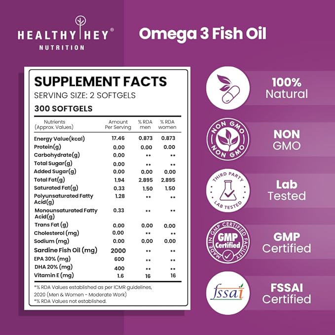 HealthyHey Sports Omega 3 Fish Oil | Omega 3 Fish Oil Capsules For Women and Men - 300 Softgels (EPA 600 - DHA 400)