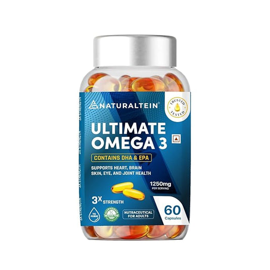 NATURALTEIN Omega-3 Fish Oil 1250mg – Triple Strength Softgels | 450mg EPA & 300mg DHA | Pack of 60 | Premium Triglyceride Form | Glyphosate-Free | Heart, Brain & Joint Support