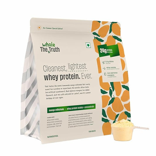 The Whole Truth Whey Protein Isolate+Concentrate Mango Milkshake 1kg (2.2 lbs) I 24g Protein/Scoop I 100% Authentic Whey I Made with Real Alphonso Mangoes | Clean, Light & Easy to Digest