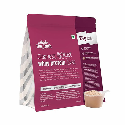 The Whole Truth Whey Protein Isolate+Concentrate | Light Cocoa 1 kg (2.2 lbs) | 24g Protein per scoop | 6.6g BCAA | 100% Authentic Whey & No Adulteration | Clean, Light & Easy to Digest | Vegetarian