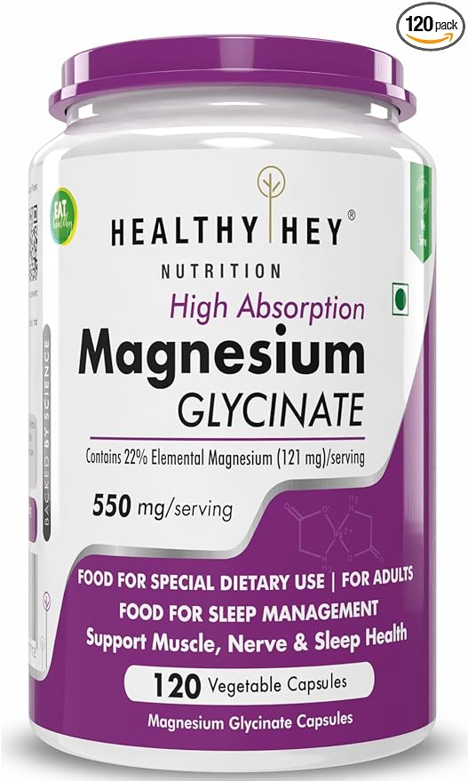 HealthyHey Magnesium Glycinate High Absorption Chelated for Sleep, Cramps, & Nerves Health 120 Vegetable Capsules