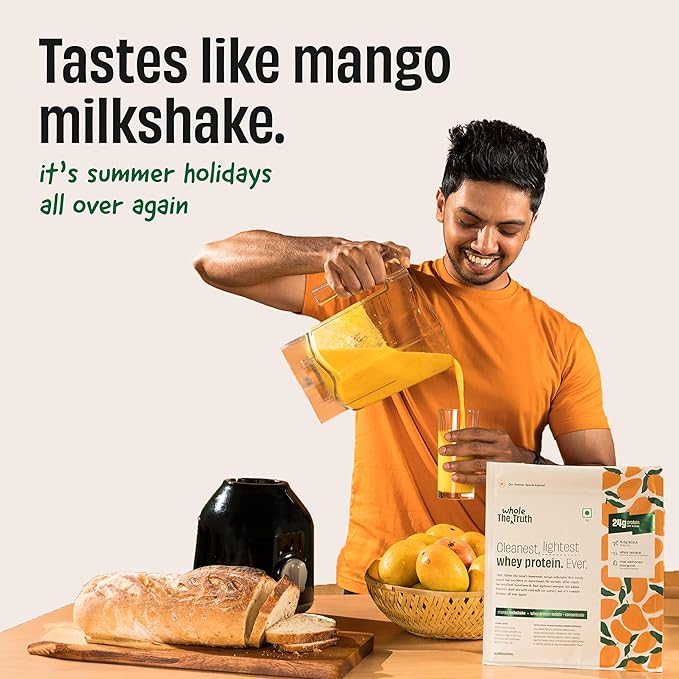 The Whole Truth Whey Protein Isolate+Concentrate Mango Milkshake 1kg (2.2 lbs) I 24g Protein/Scoop I 100% Authentic Whey I Made with Real Alphonso Mangoes | Clean, Light & Easy to Digest