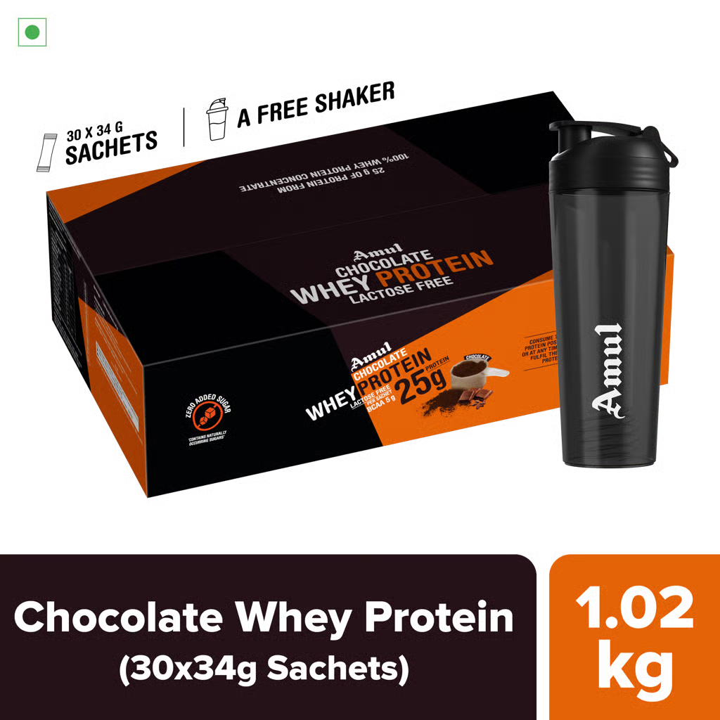 Amul Chocolate Whey Protein, 34 g | Pack of 30 sachets-1*1.02kg