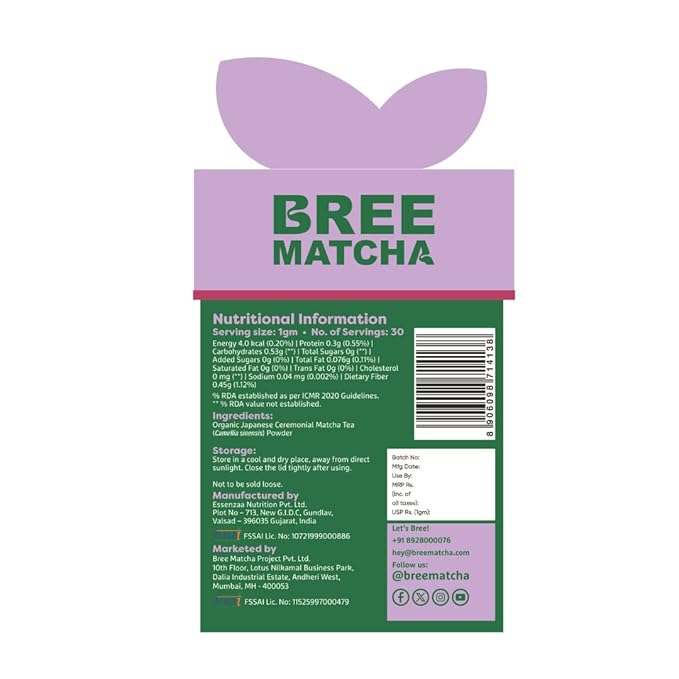 Bree Matcha’s Ceremonial Grade Matcha Tea | Japanese Matcha Green Tea Powder No Artificial Sweeteners | 30g | 30 Servings |