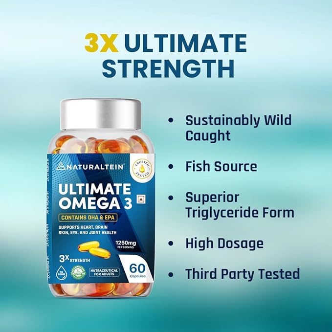 NATURALTEIN Omega-3 Fish Oil 1250mg – Triple Strength Softgels | 450mg EPA & 300mg DHA | Pack of 60 | Premium Triglyceride Form | Glyphosate-Free | Heart, Brain & Joint Support