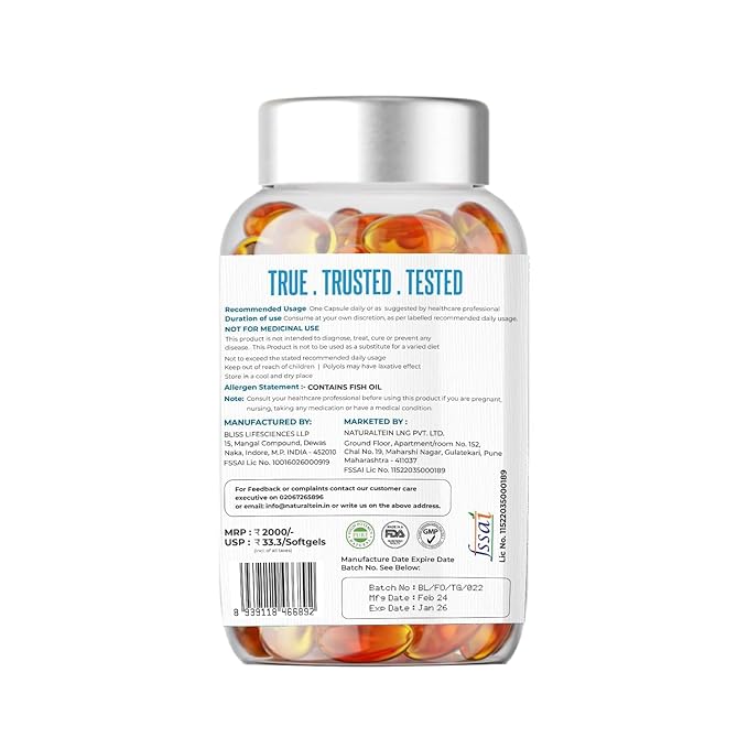 NATURALTEIN Omega-3 Fish Oil 1250mg – Triple Strength Softgels | 450mg EPA & 300mg DHA | Pack of 60 | Premium Triglyceride Form | Glyphosate-Free | Heart, Brain & Joint Support