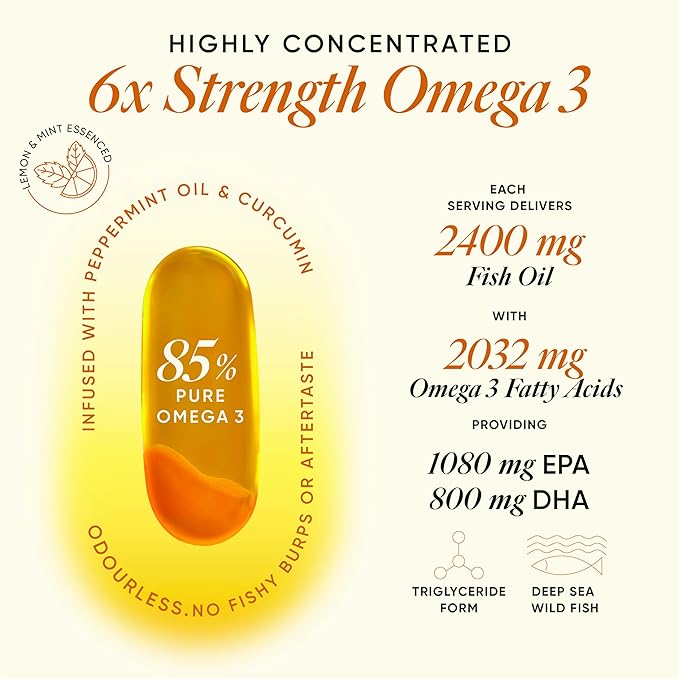 Wellbeing Nutrition Slow 6x Strength Omega 3 Fish Oil Capsules | 2400mg with EPA 1080mg, DHA 800mg & Curcumin for Men & Women | No Fishy Burp | For Brain, Heart, & Joint Health, 60 Capsules